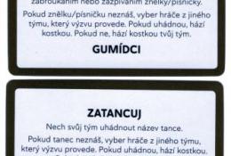 Karty výzev - rub a tři typy úkolů: zazpívej/zabroukej, zatancuj a předveď/zahraj